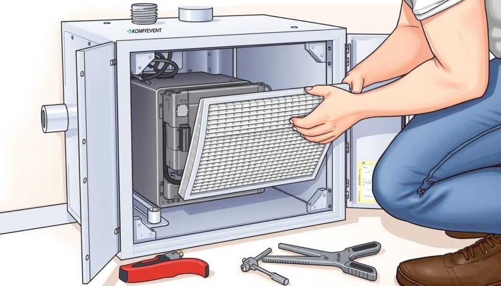 Išsami iliustracija, kurioje asmuo kruopščiai keičia filtrą Komfovent šilumos atgavimo įrenginyje, kuriame pavaizduoti vidiniai komponentai, akcentuojant filtrą, išmėtyti įrankiai ir švari, gerai apšviesta darbo vieta.